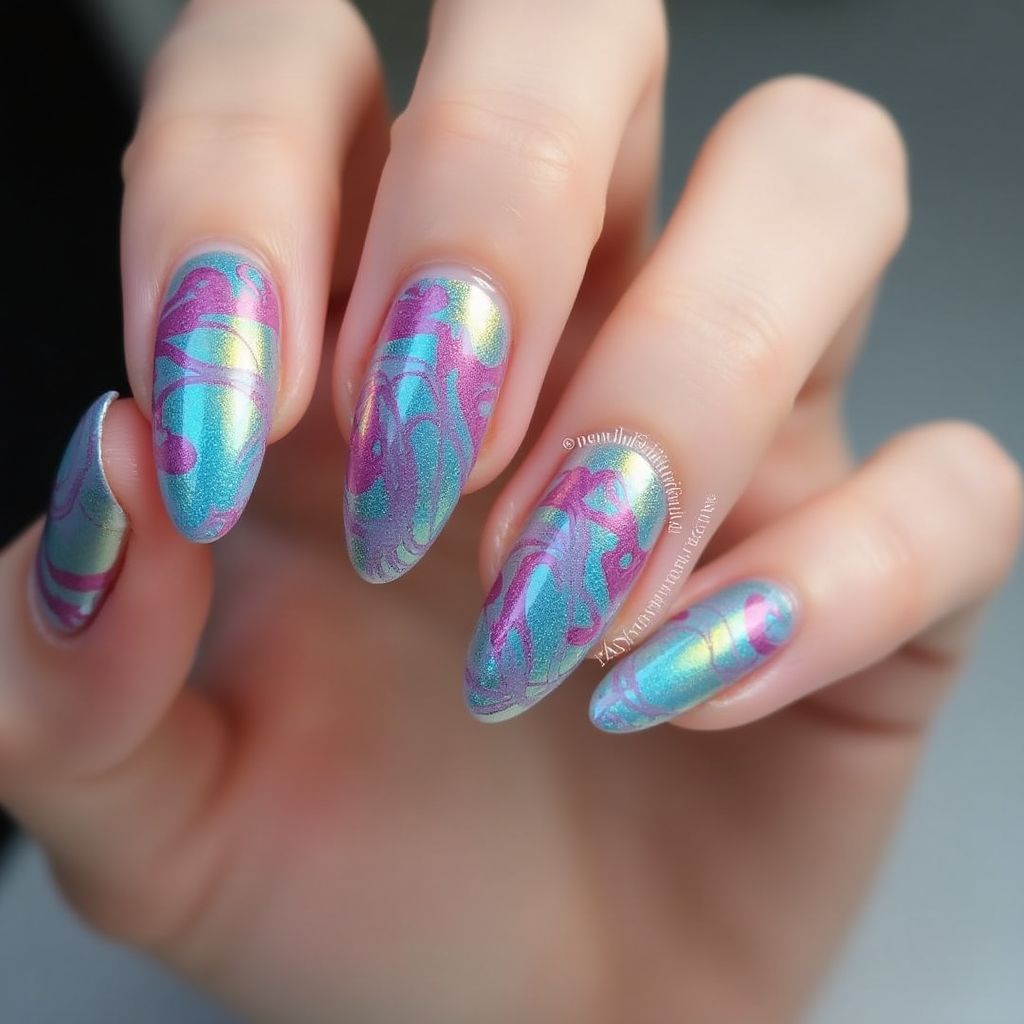 Chrome Powder Water Marbling Nail Design