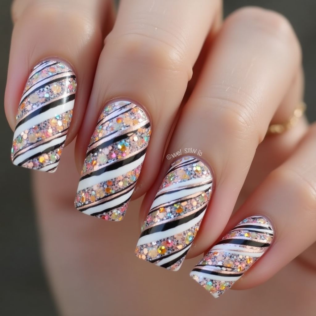 Rhinestones Stripes And Lines Nail Design