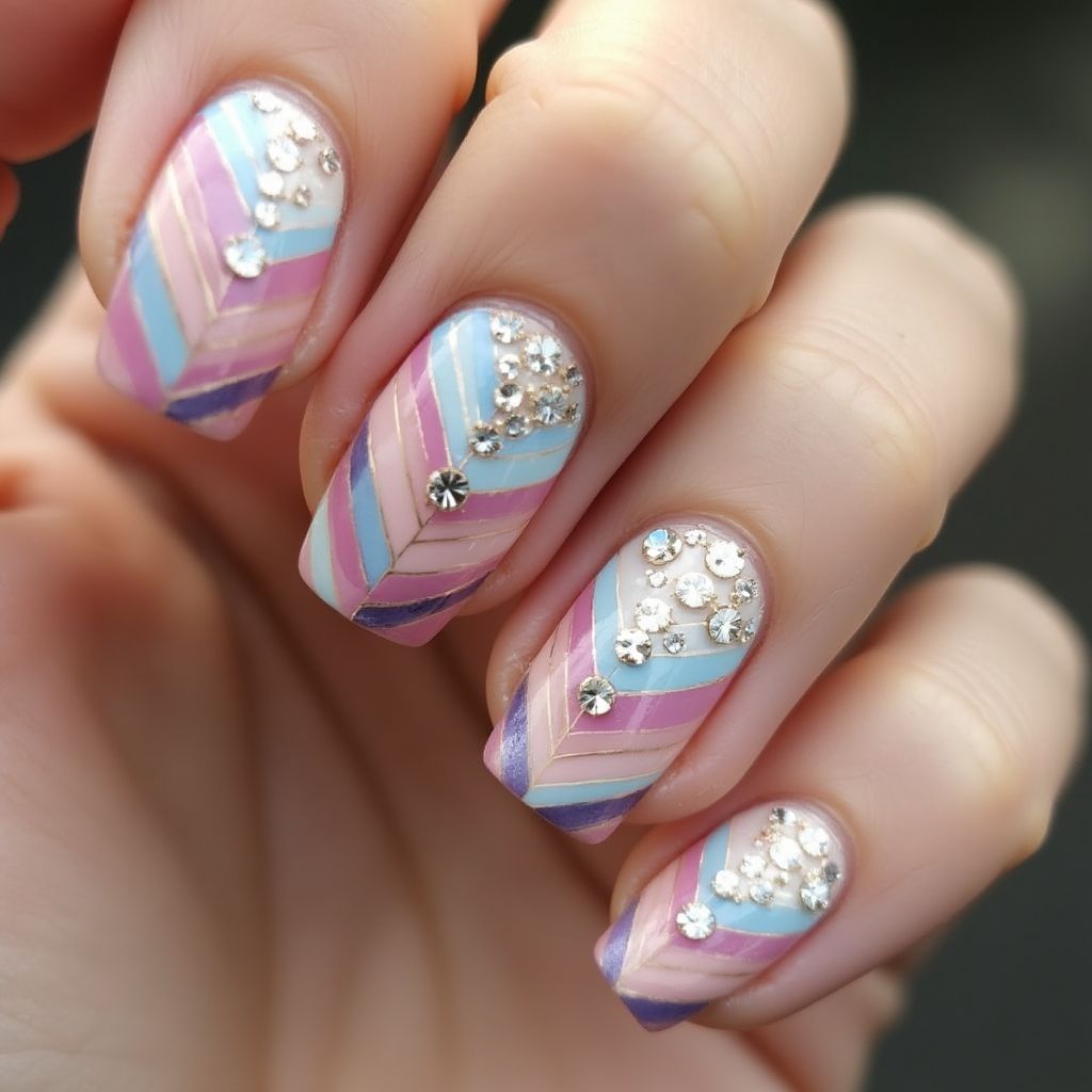Rhinestones Stripes And Lines Nail Design