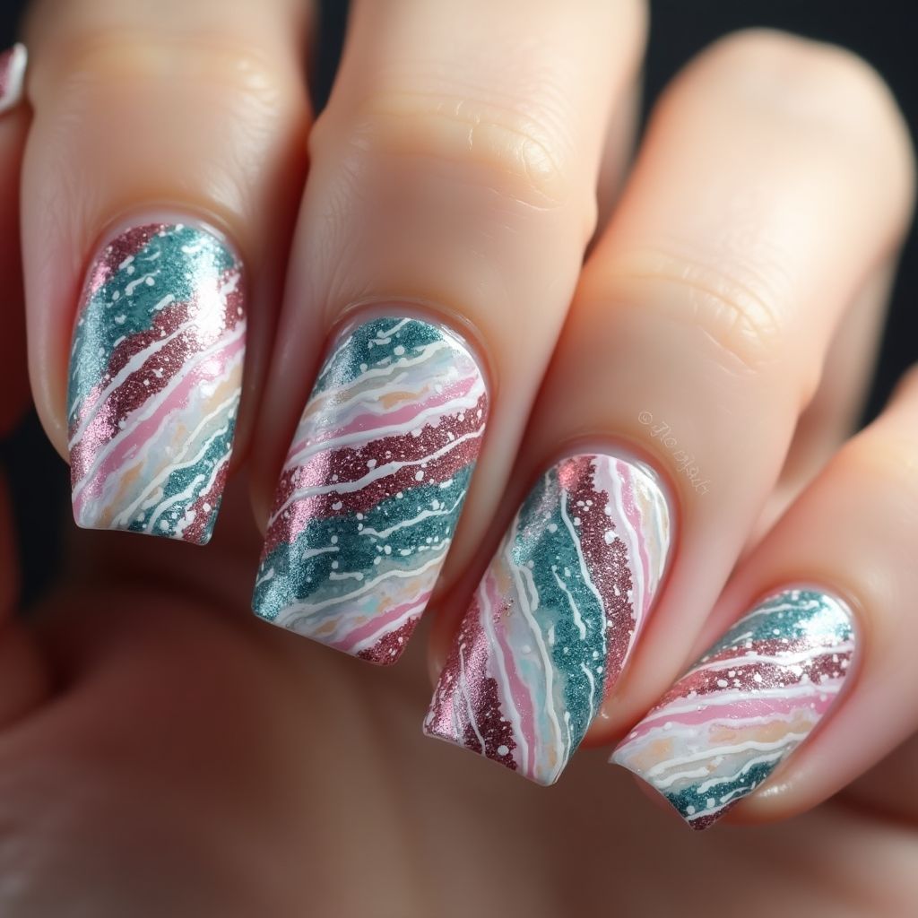 Glitter Flakes Stripes And Lines Nail Design