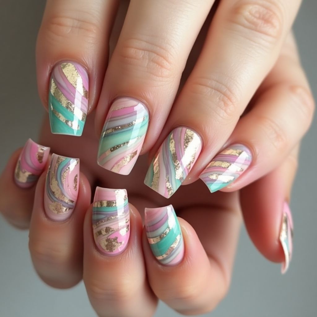 Striping Tape Water Marbling Nail Design