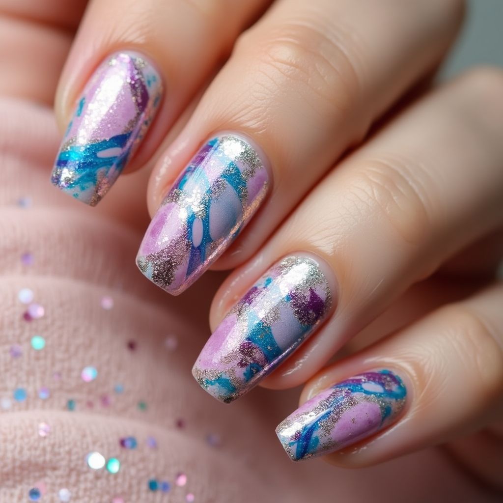 Sequins Water Marbling Nail Design