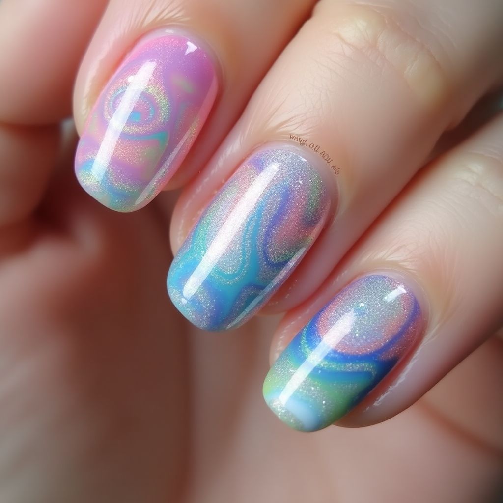 Holo Powder Water Marbling Nail Design