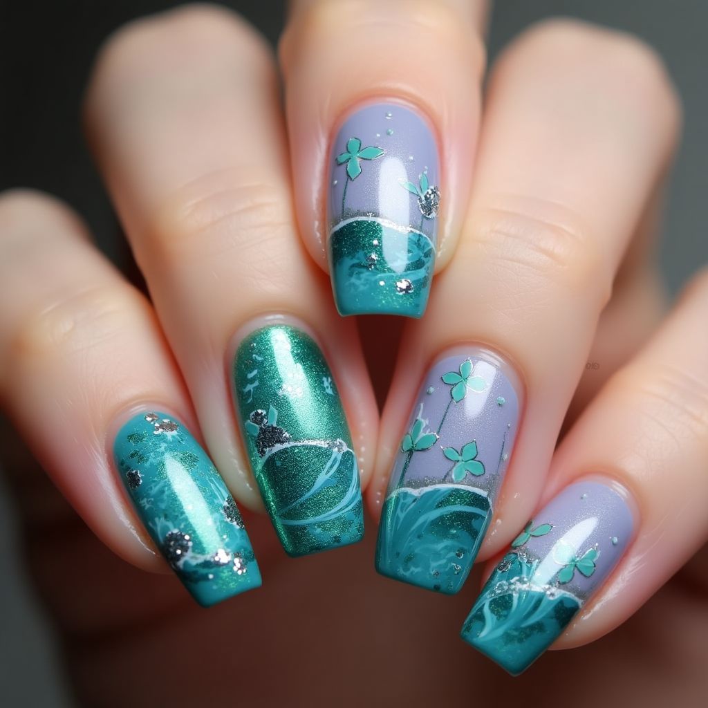 Mermaid Powder Freehand Art Nail Design