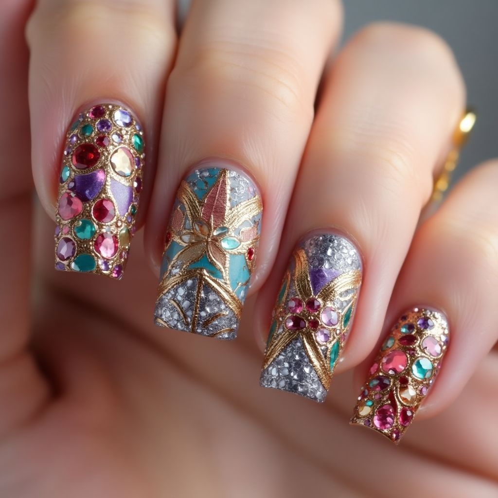 Rhinestones Freehand Art Nail Design