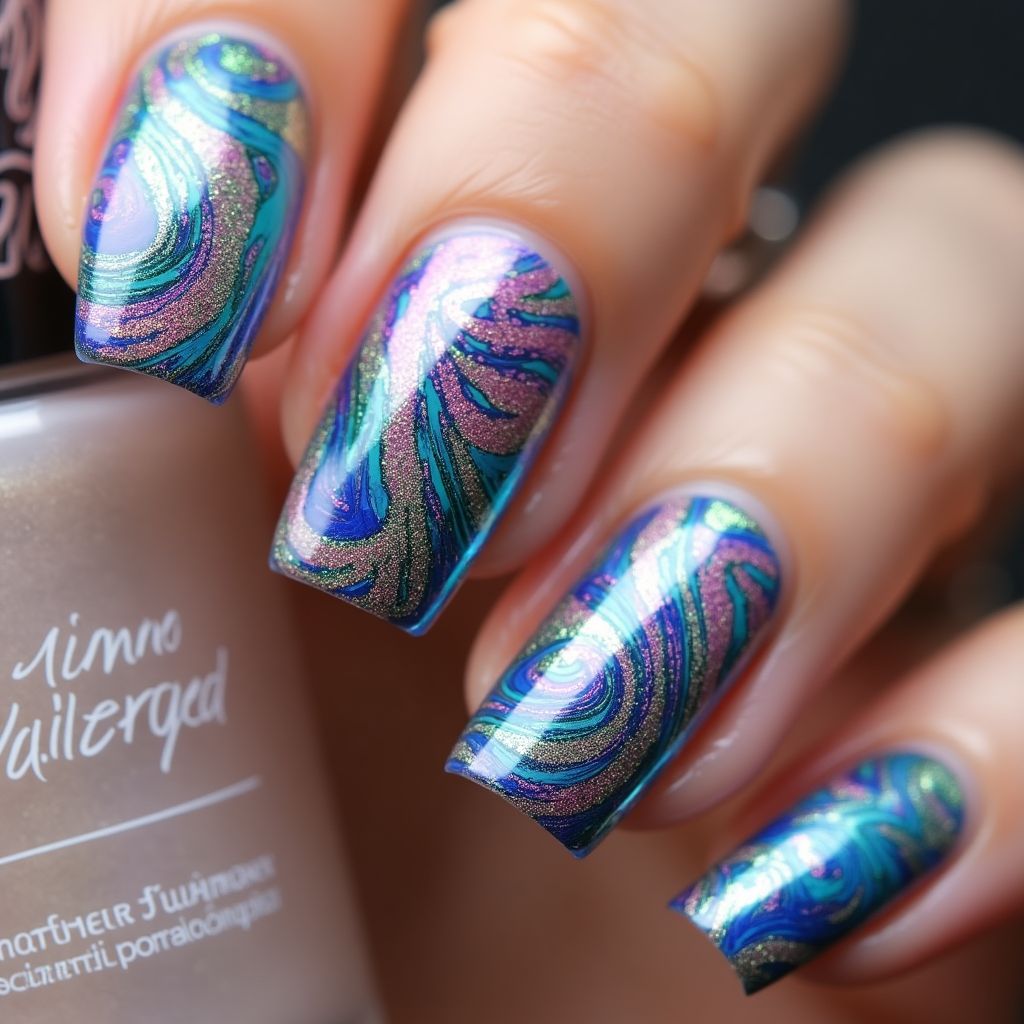 Chrome Powder Water Marbling Nail Design