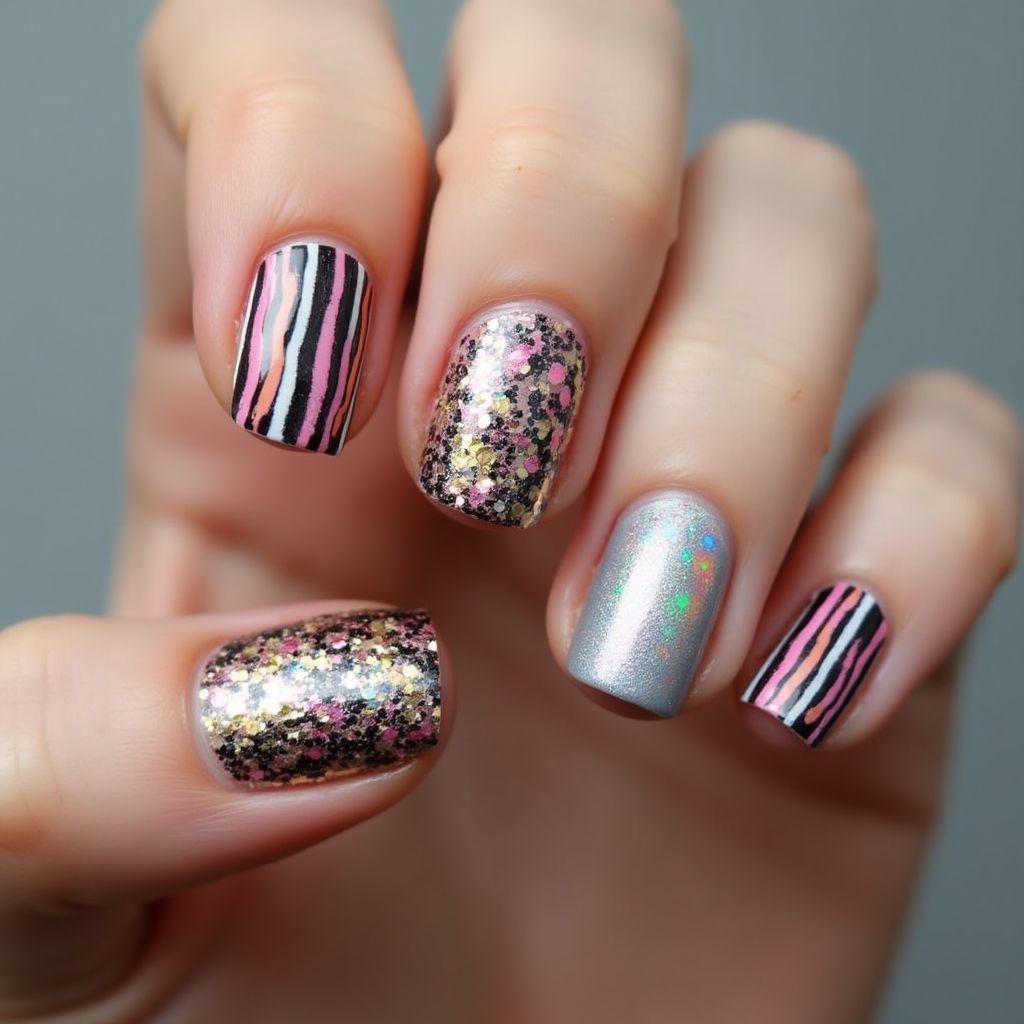Sequins Stripes And Lines Nail Design