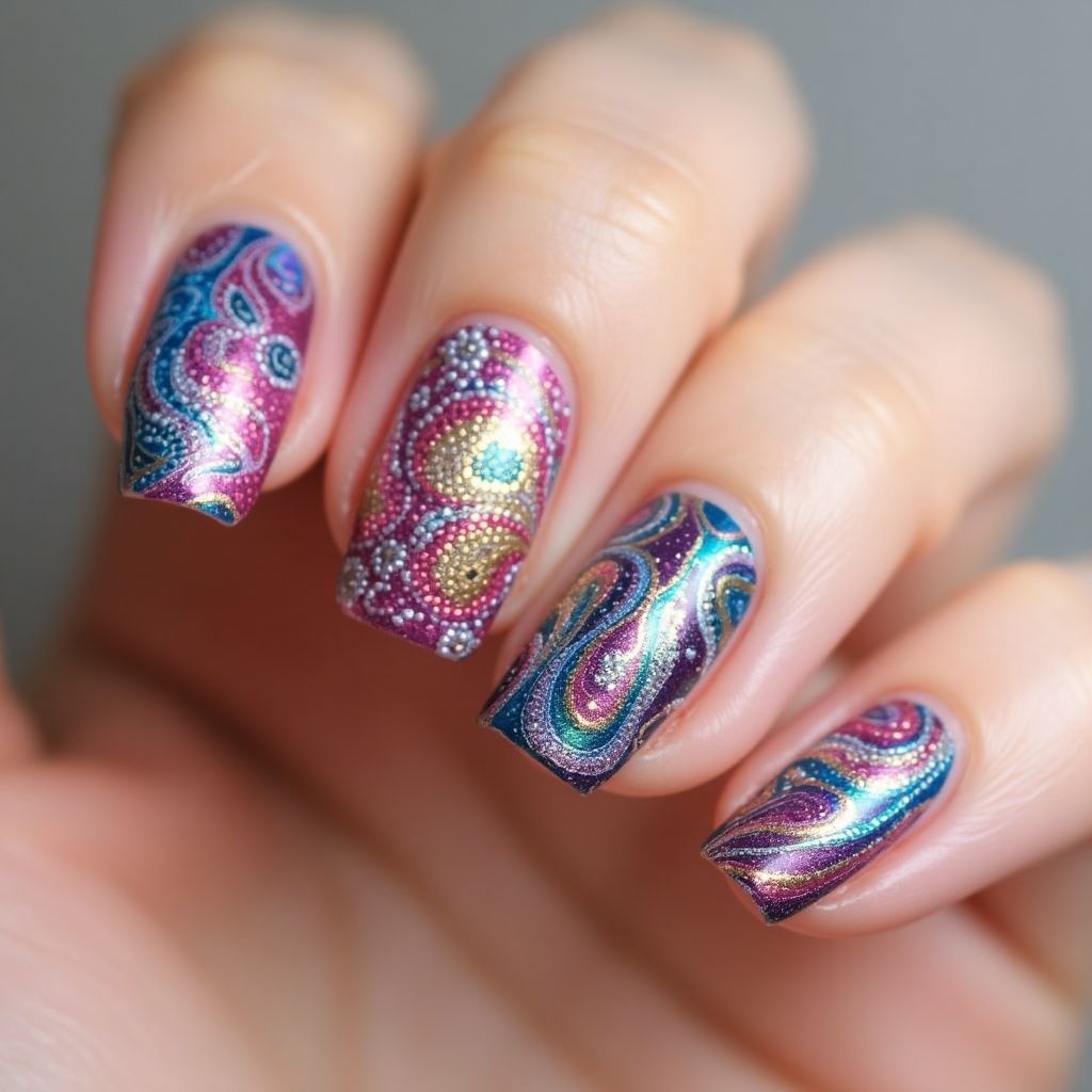 Caviar beads Water marbling Nail Design