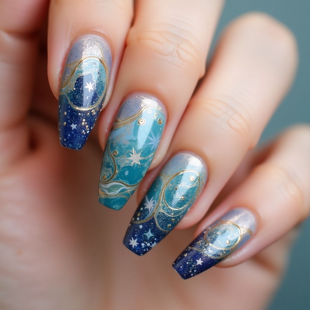 Caviar Beads Water Marbling Nail Design