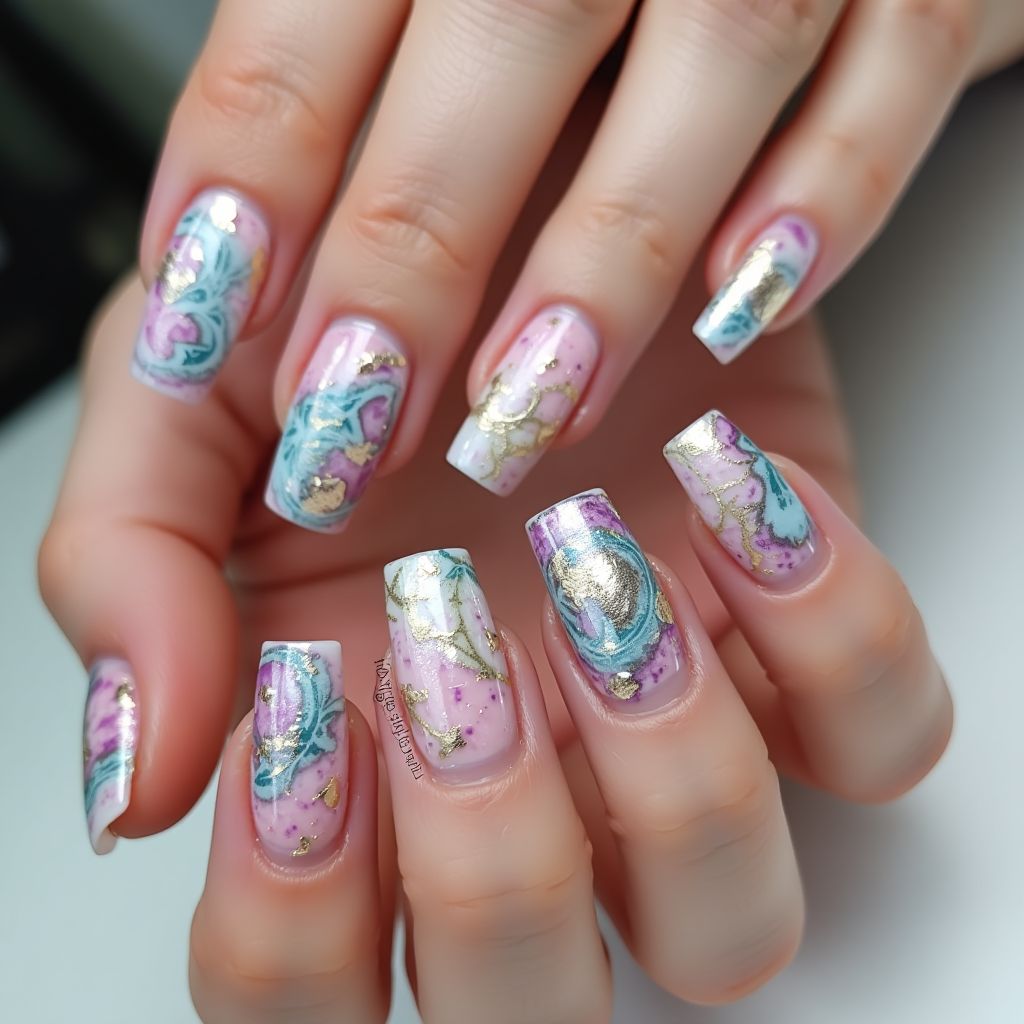 Nail Foil Water Marbling Nail Design