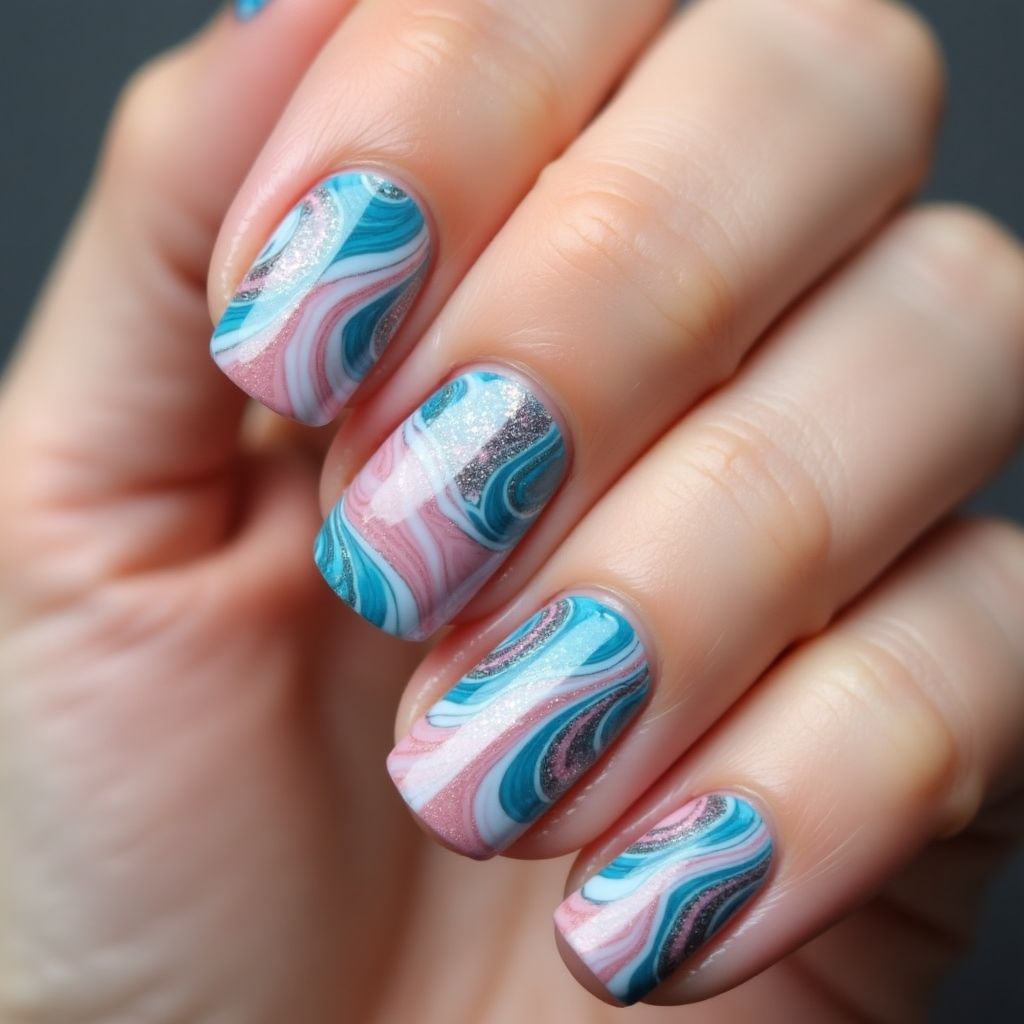 Builder Gel Water Marbling Nail Design
