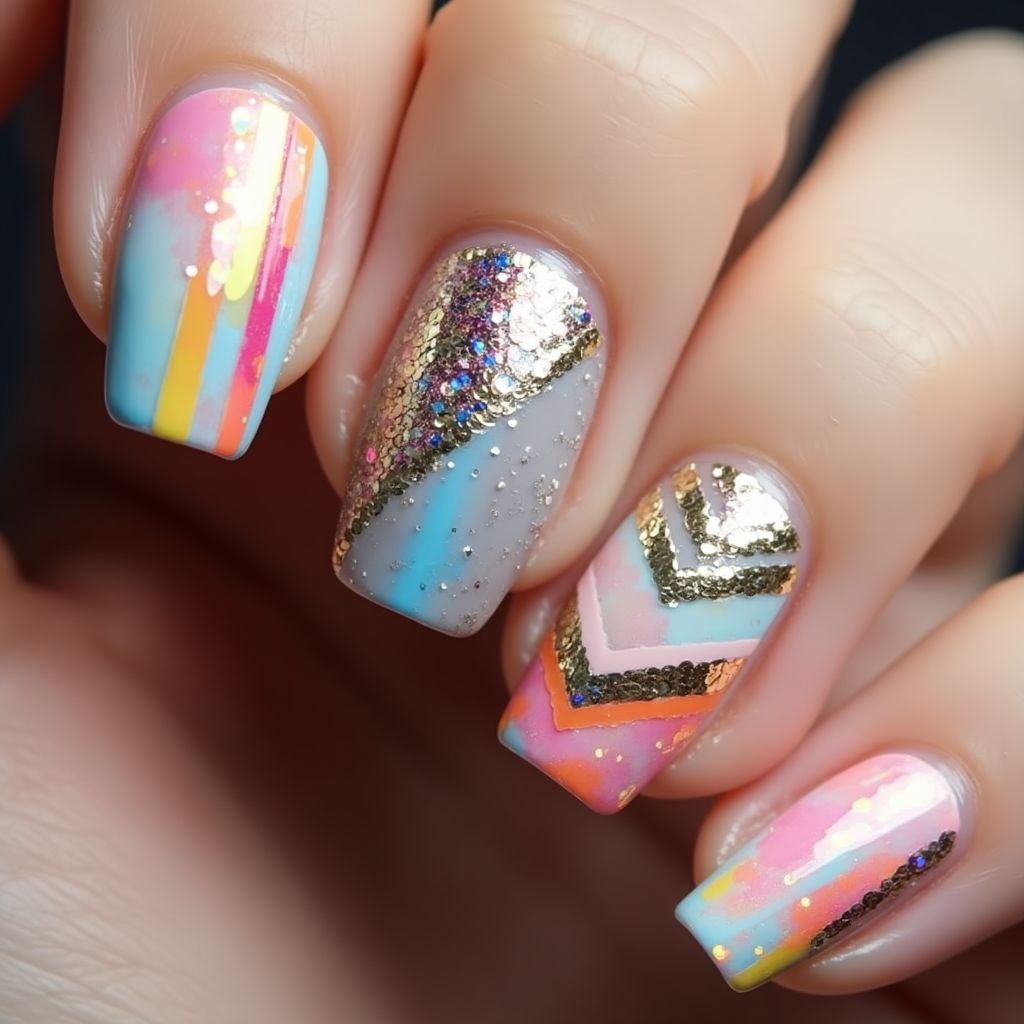 Sequins Stripes And Lines Nail Design