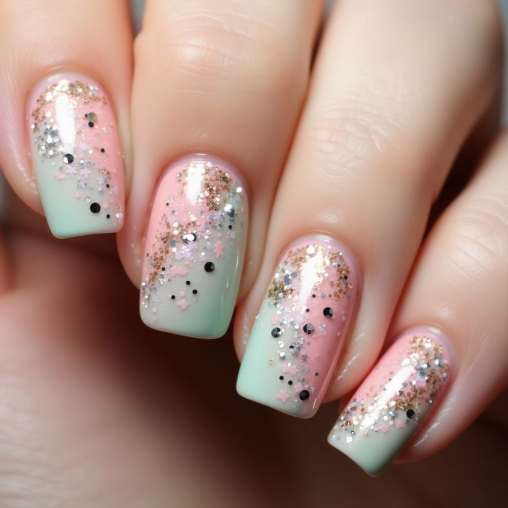Glitter Flakes Dotting Nail Design