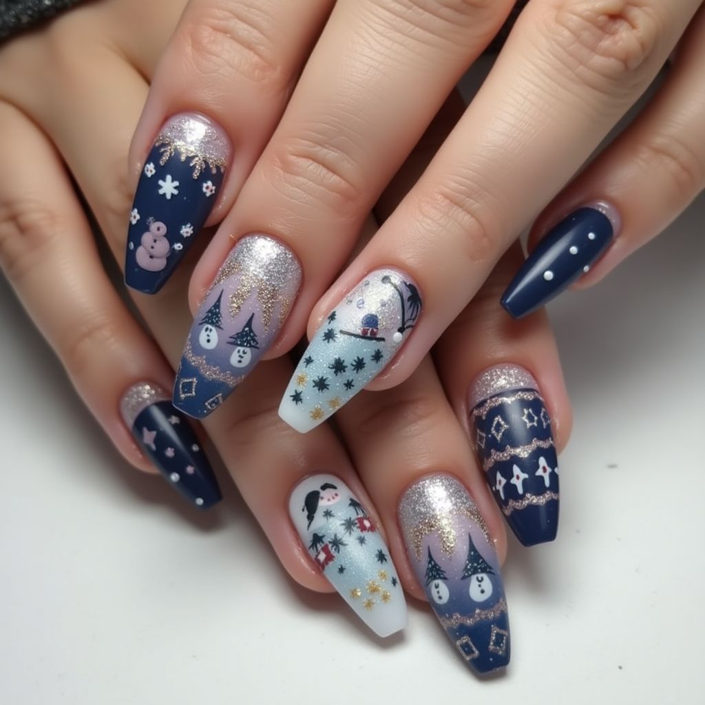 Winter Coffin Nail Design