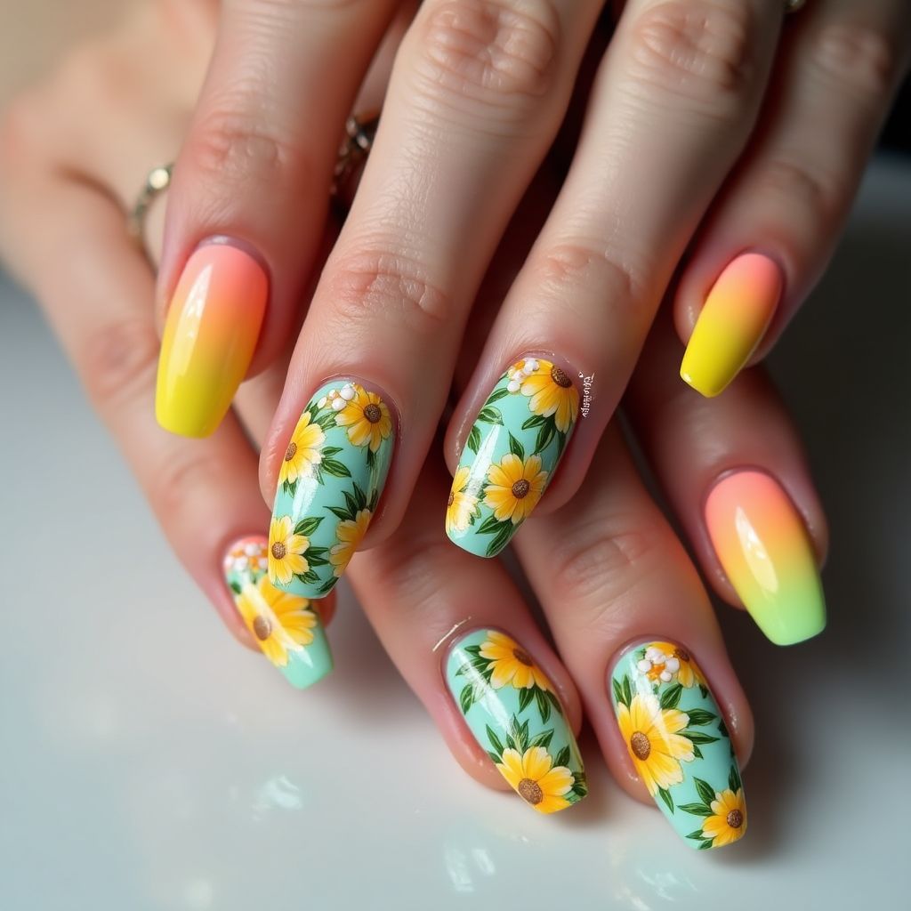 Summer Coffin Nail Design