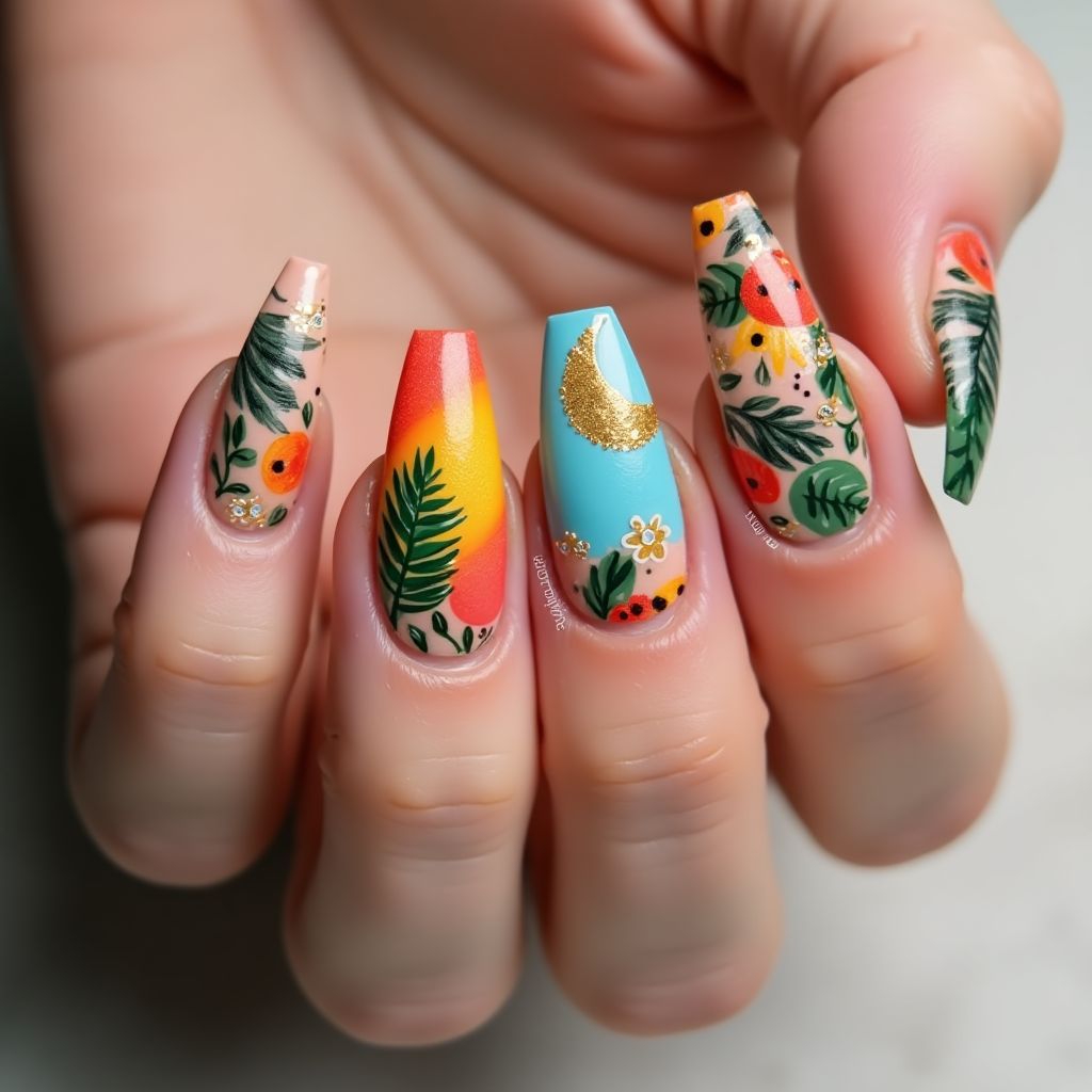 Coffin Summer Nail Design