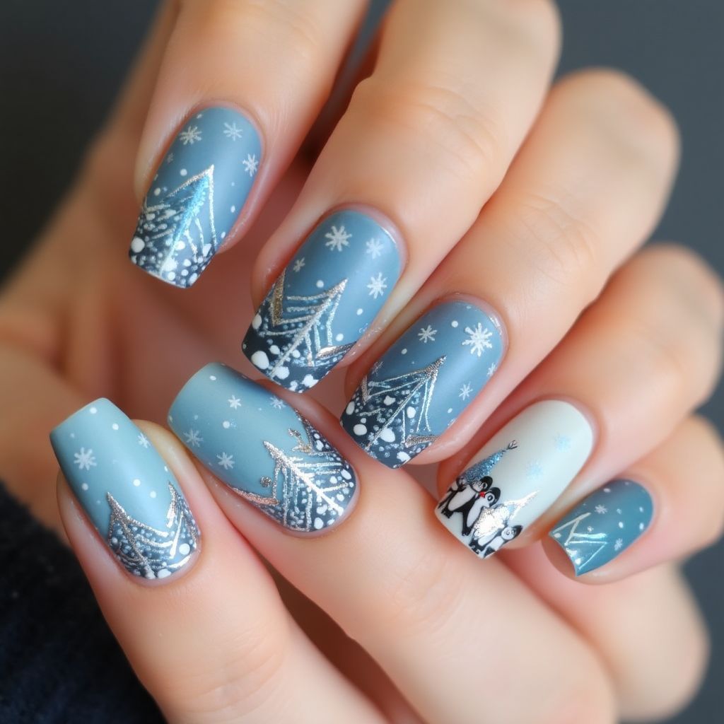 Winter Freehand Art Nail Design