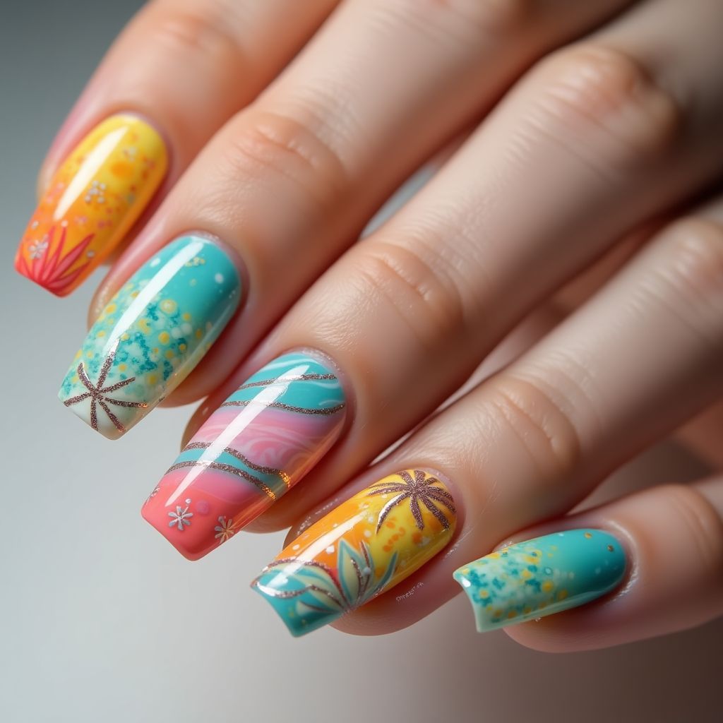 Summer Water Marbling Nail Design