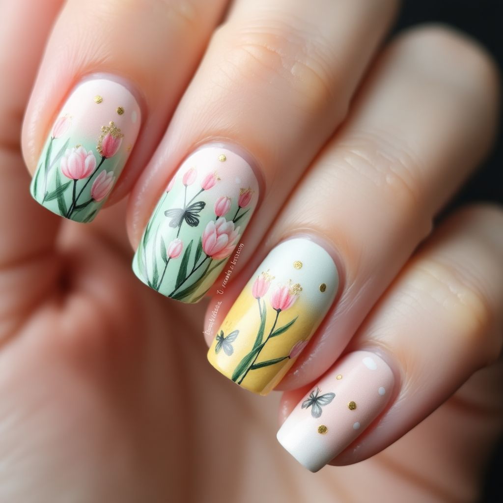 Spring Freehand art Nail Design