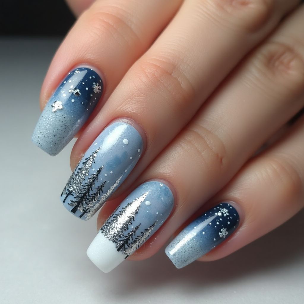 Winter Freehand Art Nail Design