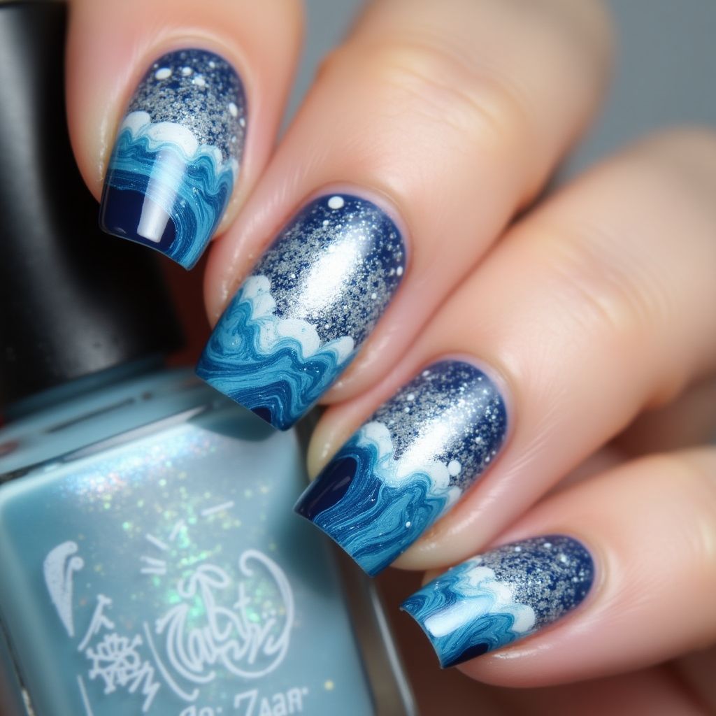 Winter Water Marbling Nail Design