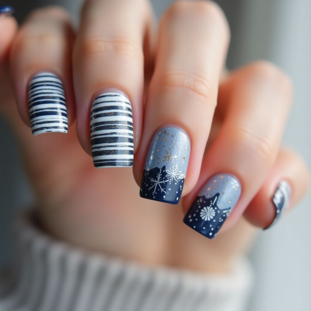 Winter Stripes And Lines Nail Design
