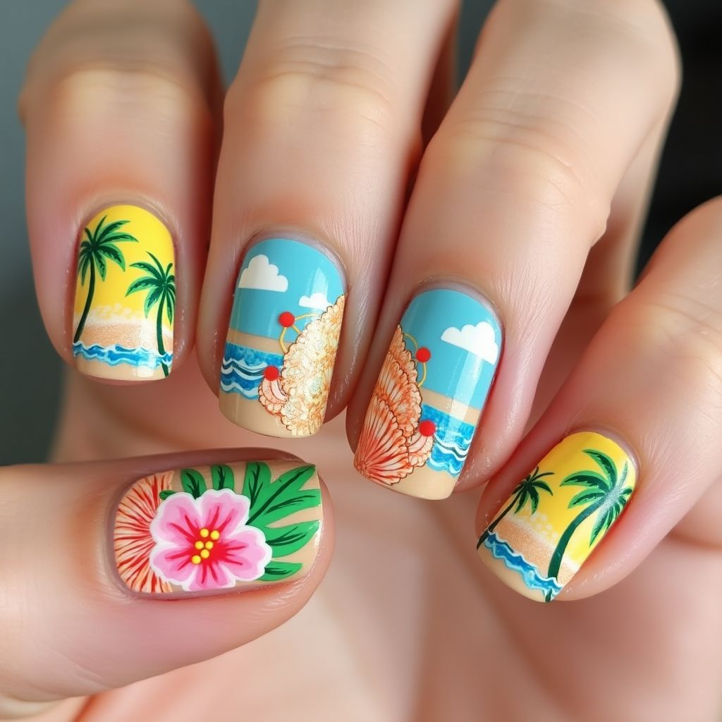 Summer Freehand Art Nail Design