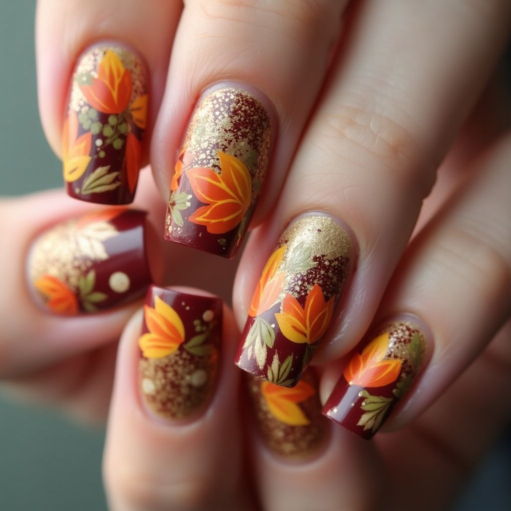 Autumn Freehand Art Nail Design