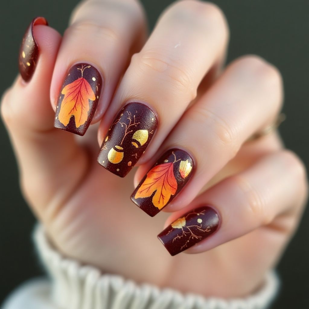 Autumn Freehand Art Nail Design
