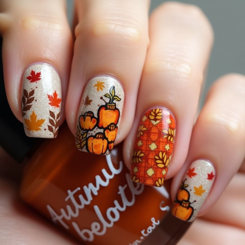 Autumn Freehand art Nail Design