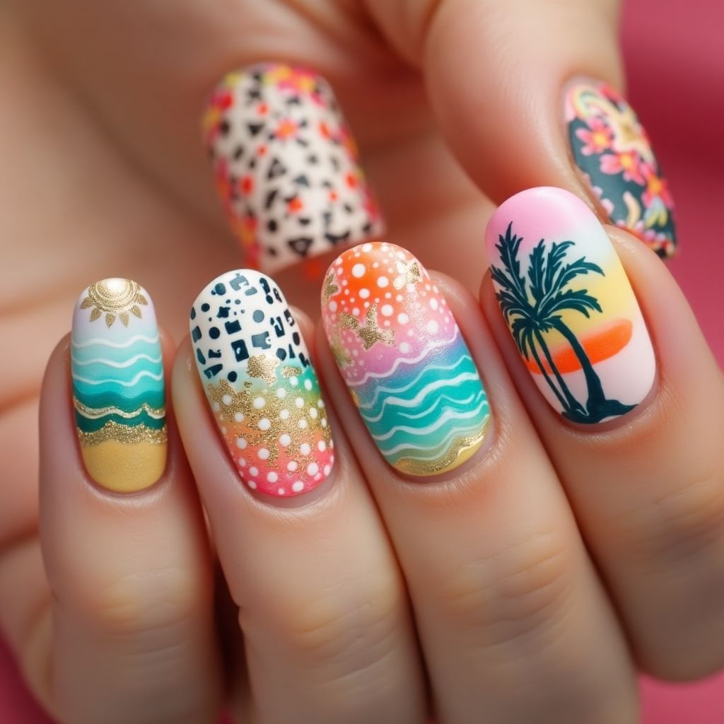 Summer Freehand Art Nail Design