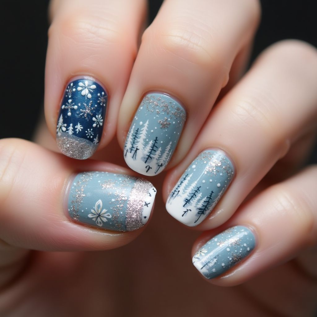 Winter Freehand Art Nail Design