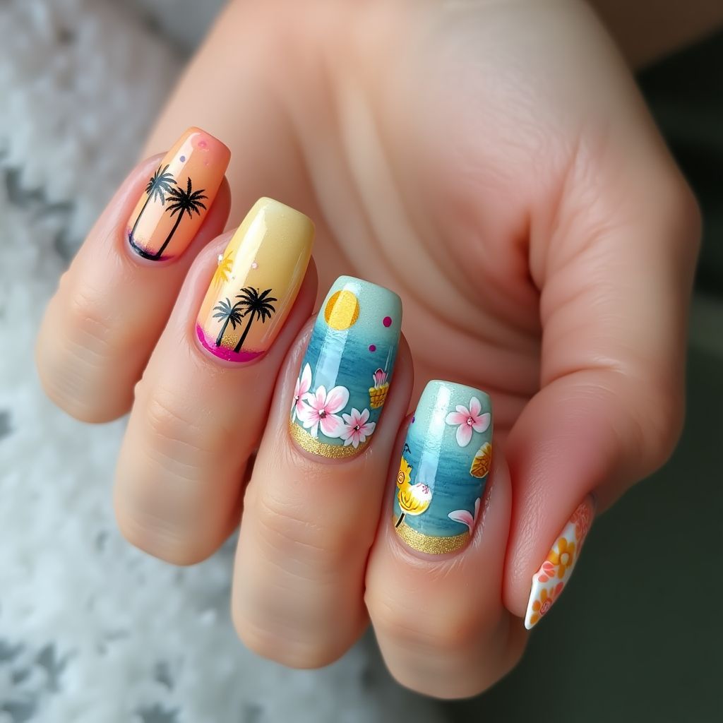 Summer Freehand Art Nail Design
