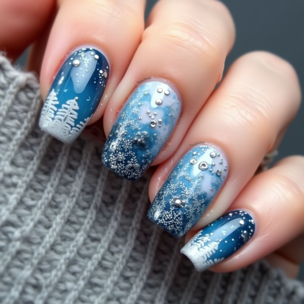 Winter Water Marbling Nail Design