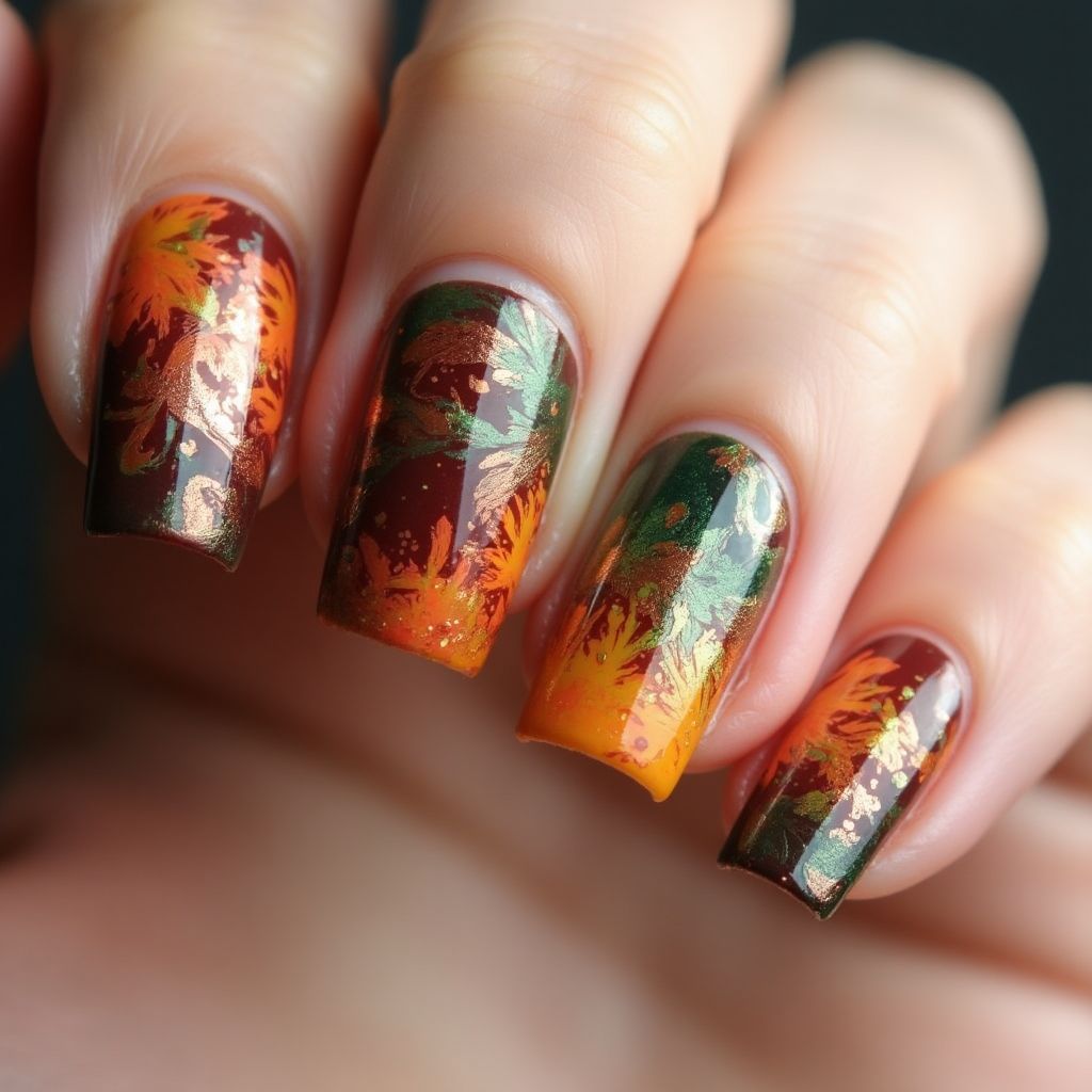 Autumn Water Marbling Nail Design
