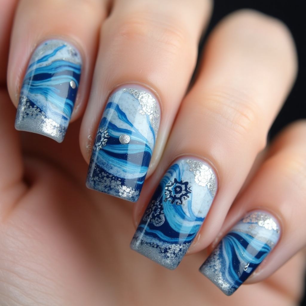 Winter Water Marbling Nail Design