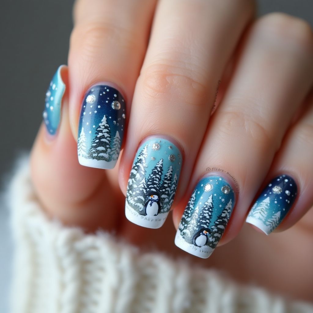 Winter Freehand Art Nail Design
