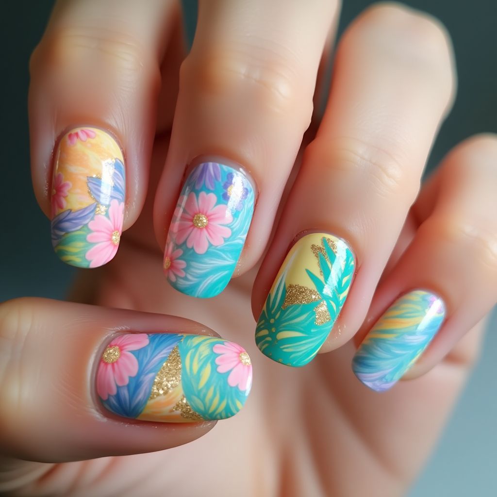 Summer Water Marbling Nail Design