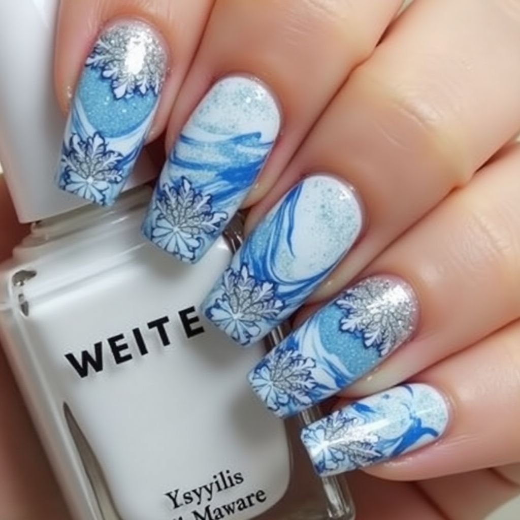 Winter Water Marbling Nail Design