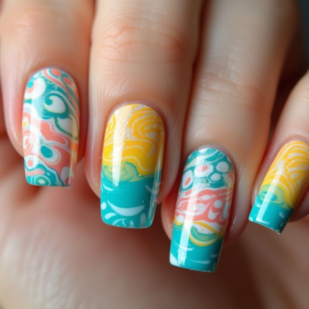 Summer Water Marbling Nail Design