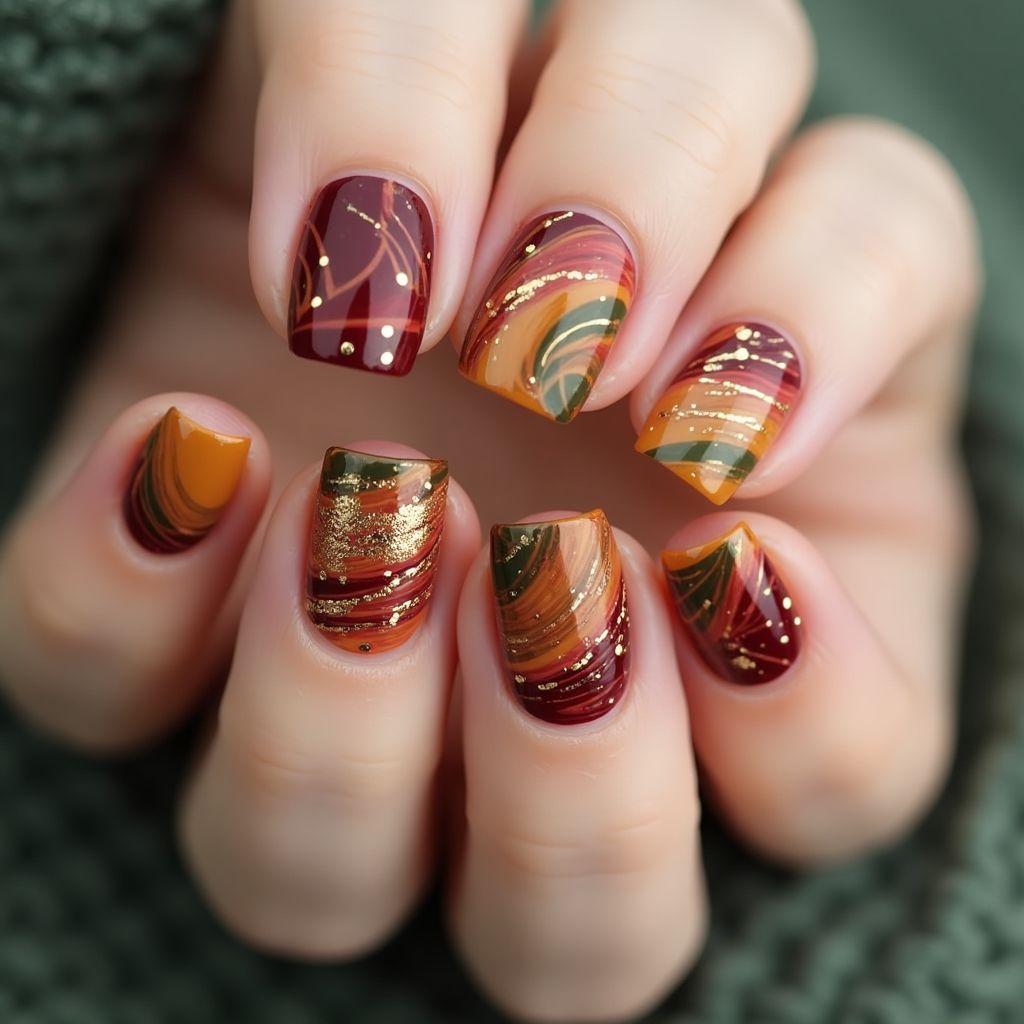 Autumn Water Marbling Nail Design