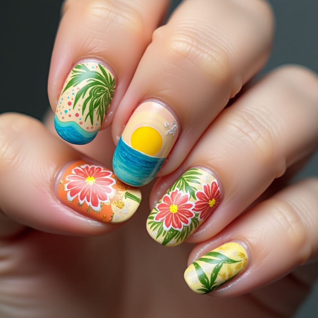 Summer Freehand Art Nail Design