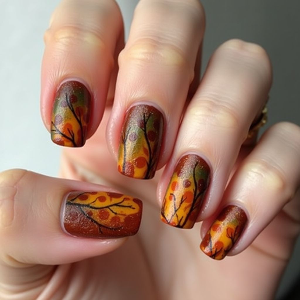 Autumn Freehand Art Nail Design