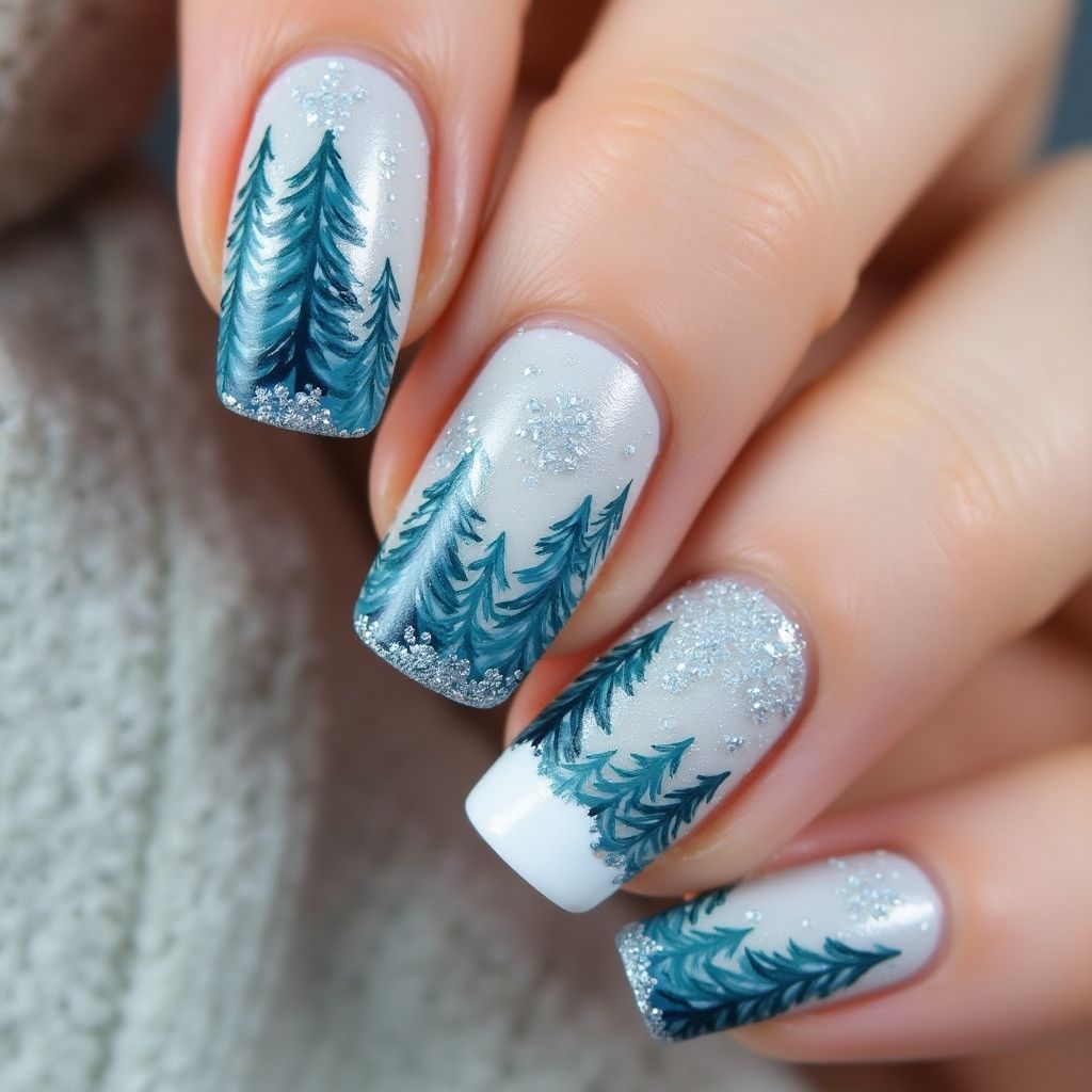 Winter Freehand Art Nail Design