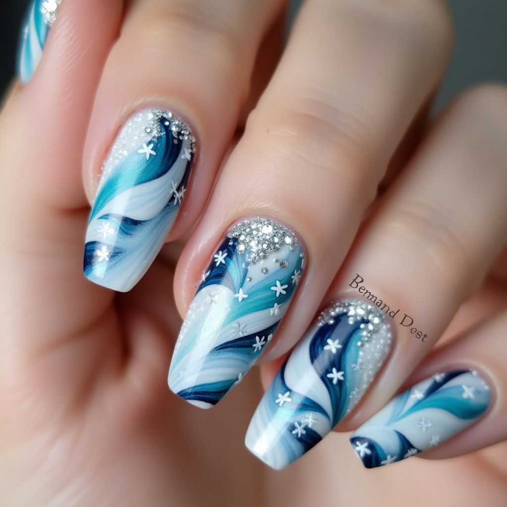 Winter Water Marbling Nail Design