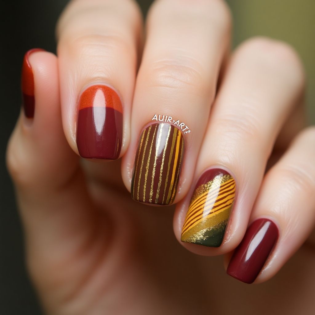 Autumn Stripes And Lines Nail Design