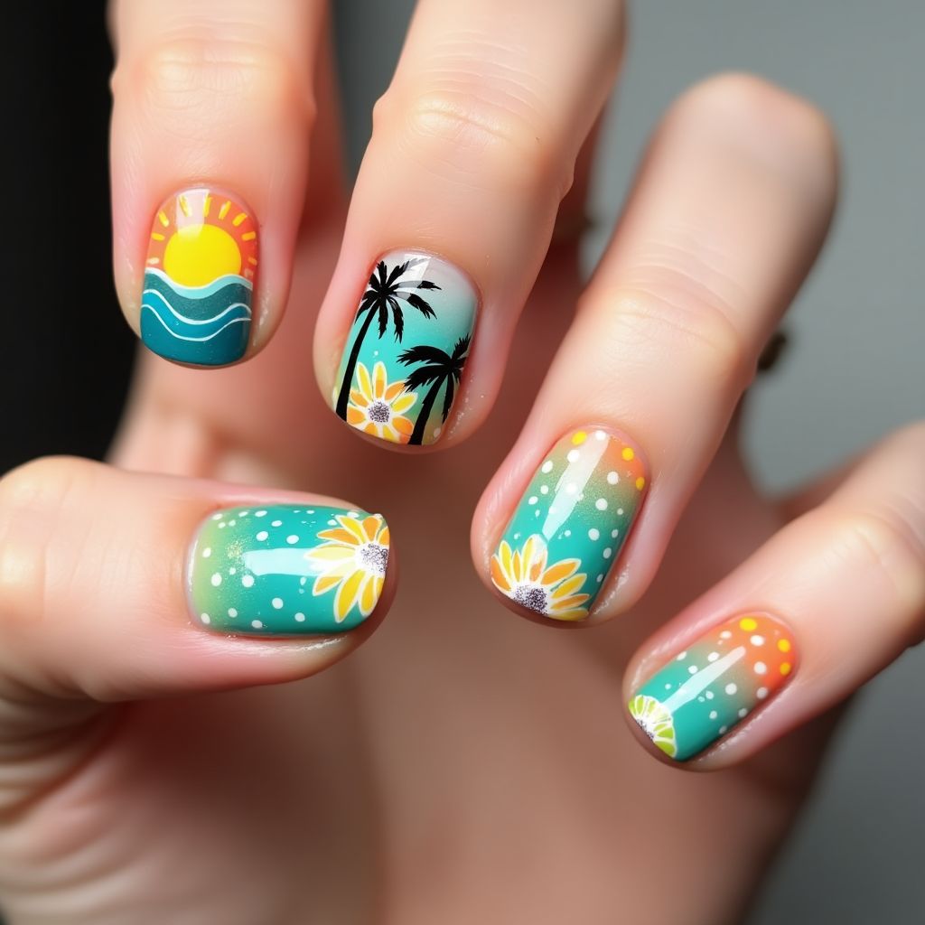 Summer Freehand Art Nail Design