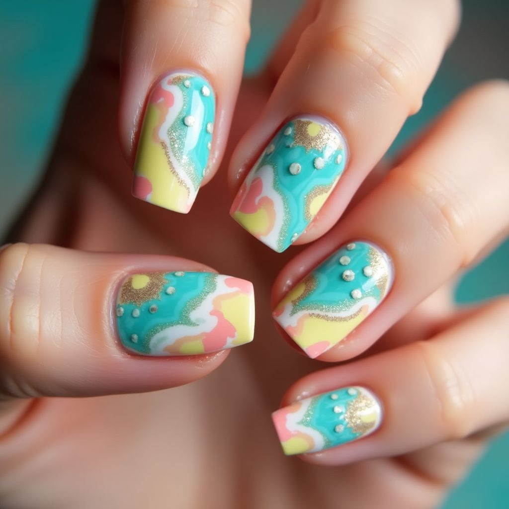 Summer Water Marbling Nail Design