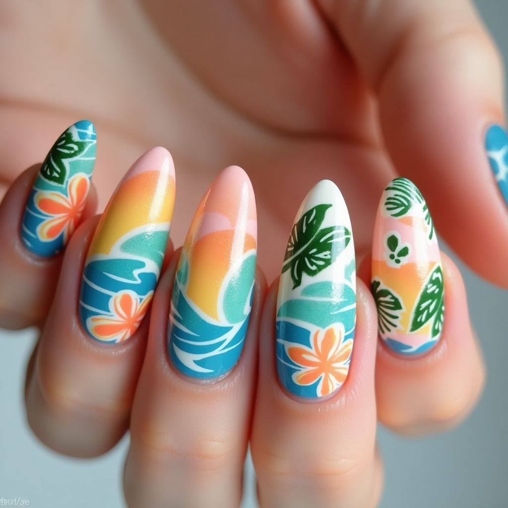Summer Water Marbling Nail Design